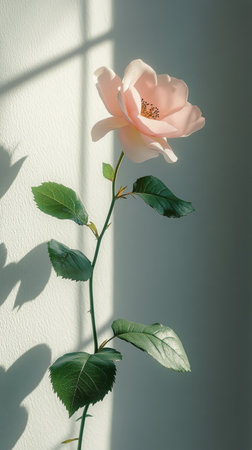 A delicate pink rose stands tall with its vibrant petals fully opened, accompanied by a small budding rose. Lush green leaves contrast beautifully against the soft background.の素材