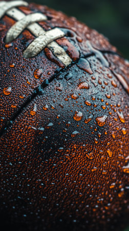 A basketball with a textured surface is covered in water droplets after recent rain. The orange and black colors contrast sharply, highlighting the details of the balls design and moisture.の素材