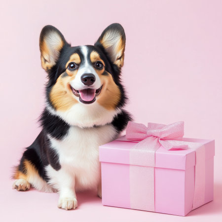 A joyful corgi sits next to a large pink gift box adorned with a ribbon. The playful atmosphere and bright colors create a festive mood, ideal for celebrations or special occasions.の素材