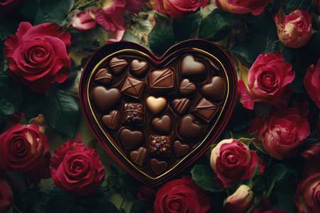 A heart shaped box filled with assorted chocolates is placed among vibrant red and pink roses. This arrangement creates a romantic and heartfelt atmosphere, perfect for celebrating love.の素材