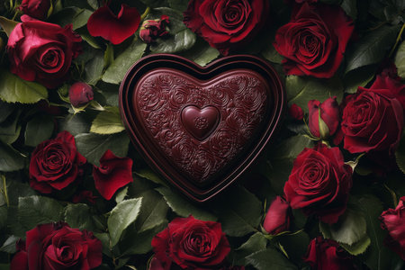 A heart shaped box filled with assorted chocolates is placed among vibrant red and pink roses. This arrangement creates a romantic and heartfelt atmosphere, perfect for celebrating love.の素材