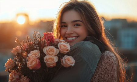 A woman with long hair embraces a bouquet of red and pink roses. She smiles brightly as the golden light of sunset fills the city background, creating a warm and romantic atmosphere.の素材