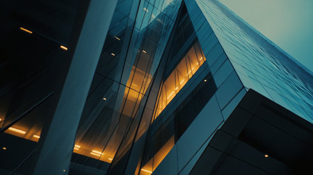 This striking building features sharp angles and extensive glass facades, illuminated in warm tones against a calming dusk backdrop. Surrounding trees enhance the tranquil atmosphere of the setting.の素材