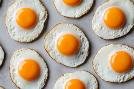 Multiple fried eggs with golden yolks are neatly arranged on a gray surface, showing a vibrant and appetizing breakfast option. Each egg has a perfectly cooked white surrounding the yolk.の素材