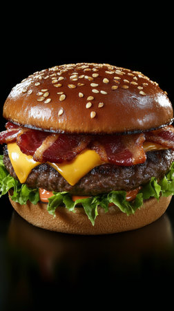 A delicious cheeseburger features a thick beef patty topped with melted cheddar cheese and crispy bacon, layered with fresh lettuce and tomato, all in a sesame seed bun.の素材