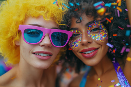 Two joyful friends enjoy a lively celebration filled with colorful confetti and festive attire. Their playful expressions reflect the excitement of the event, with bright hair and bold makeup.の素材