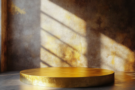A circular golden platform rests on a textured floor within a softly lit space. Sunlight streams through a nearby opening, creating a serene ambiance. The walls reflect warm tones.の素材