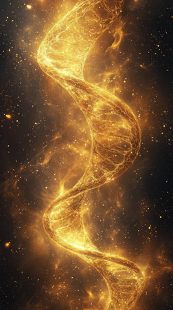 A glowing DNA helix constructed from golden particles is illuminated against a dark background. The visual effect creates a shimmering atmosphere, enhancing the intricate details of the structure.の素材