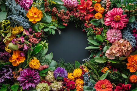 A stunning display of various flowers and greenery elegantly arranged around a deep blue background creates a vivid and inviting atmosphere. Each bloom offers unique colors and shapes.の素材