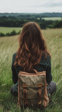 A person sits quietly in a grassy field, gazing at the surrounding landscape filled with hills and trees. Their backpack rests beside them as they enjoy natures tranquility.の素材