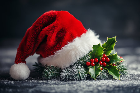 A festive red Santa hat rests on a snowy surface, adorned with fresh holly leaves and bright red berries, creating a warm holiday atmosphere. The contrasting colors enhance the seasonal feel.の素材