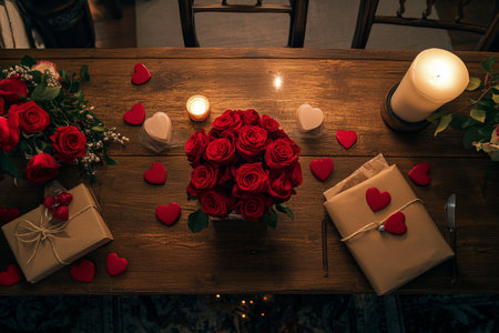 Gift boxes wrapped in brown paper are arranged among red roses and heart shaped chocolates. Soft candlelight adds warmth, creating an intimate atmosphere for a special celebration.の素材