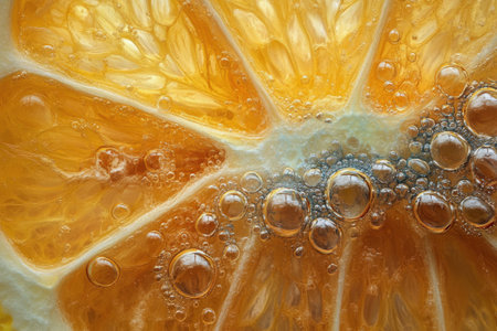Detailed view of a vibrant yellow and orange surface featuring delicate layers and numerous bubbles. The moist textures create an intriguing interplay of light and color that captivates the viewer.の素材