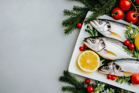 Two whole fish are neatly arranged on a white platter with lemon slices, surrounded by evergreen branches and holiday ornaments, creating a festive culinary display for celebrations.の素材
