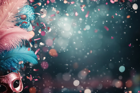 A woman in a sparkling blue mask adorned with feathers poses elegantly amidst a blurred background filled with vibrant colors. Her alluring gaze and festive attire enhance the celebratory atmosphere.の素材