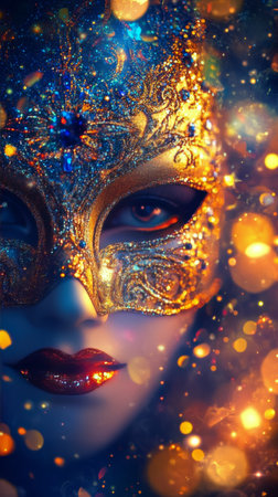 A woman with a stunning gold mask and elegant dark clothing is highlighted by shimmering lights, creating a mesmerizing atmosphere at a festive celebration.の素材