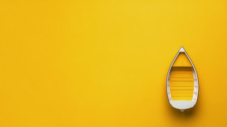 A small wooden boat is positioned on a bright yellow background, creating a visually striking contrast. The boats simple design enhances the minimalistic aesthetic, drawing attention to its form.の素材