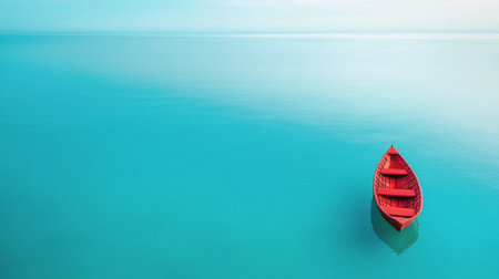 A single red boat rests gently on the serene turquoise water. The stillness of the scene captures the tranquil early morning atmosphere, highlighting the beauty of nature and solitude.の素材