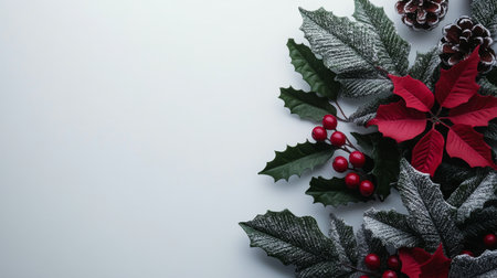 A beautiful arrangement of red poinsettias, green holly leaves, and pinecones elegantly placed on a light background, creating a festive atmosphere for the holiday season.の素材