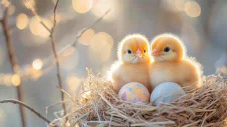 Two fluffy yellow chicks sit in a nest made of straw next to beautifully decorated eggs. The setting is lush with greenery, creating a serene and vibrant atmosphere.の素材