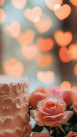 Soft heart shapes illuminate the background with warm colors, creating a romantic ambiance. Delicate branches hold these glowing forms as the sun sets, highlighting the beauty of nature.の素材