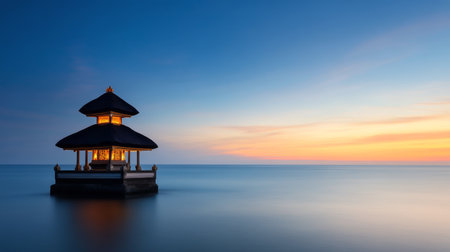 A traditional pavilion stands alone in the calm waters, illuminated by soft lights as the sun sets on the horizon. The vibrant colors of twilight paint the sky, creating a peaceful atmosphere.の素材