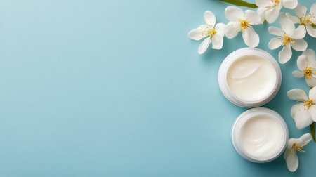 Two cream jars in soft green tones are surrounded by fresh leaves on a pale background. This arrangement evokes a calming feeling, ideal for promoting skincare products.の素材