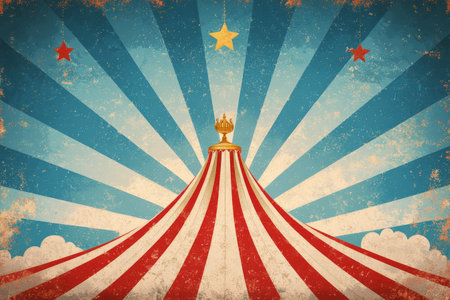 Bright rays of red and blue radiate from a central sun emblem with clouds and stars set against a textured background, representing national pride and heritage.の素材