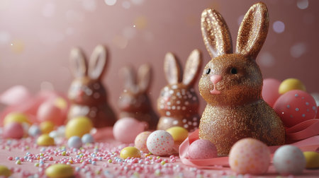 Golden bunnies are artistically arranged among colorful pastel candies and flowers, creating a joyful spring atmosphere filled with sparkling light and whimsy.の素材