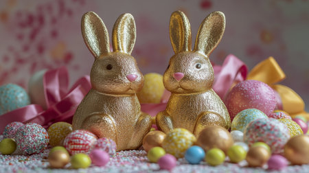 Golden bunnies are artistically arranged among colorful pastel candies and flowers, creating a joyful spring atmosphere filled with sparkling light and whimsy.の素材
