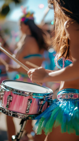 A group of performers in colorful outfits celebrates with rhythmic drumming during a daytime parade.の素材