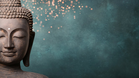 A black Buddha sculpture radiates tranquility against a soft blue backdrop filled with delicate sparkles, creating a peaceful atmosphere. This setting invites reflection and mindfulness.の素材