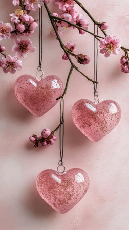 Three pink heart shapes are placed among delicate cherry blossoms on a light pink background. The soft colors and floral details create a romantic atmosphere perfect for any loving occasion.の素材