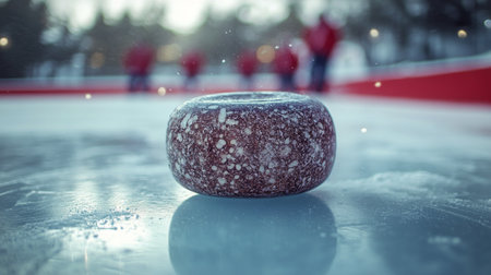 A hockey puck sits on the smooth ice, reflecting the sunlight. Players are skating in the background, practicing their skills during a chilly winter day.の素材