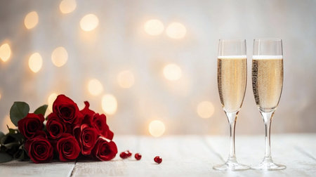 Couples toast to their love with glasses of champagne beside a bouquet of red roses. The warm ambiance adds to the festive spirit, perfect for celebrating special moments together.の素材