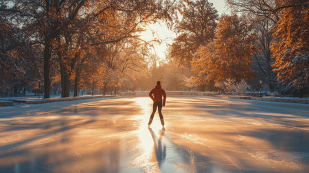 A person glides gracefully across a frozen lake surrounded by tall trees. The sun sets, casting a warm glow on the ice and illuminating the peaceful winter landscape.の素材