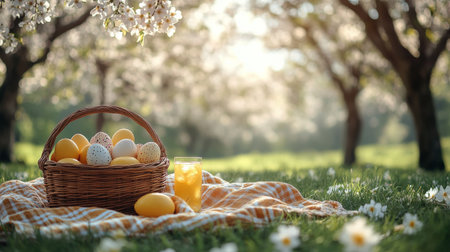 A woven basket filled with colorful Easter eggs sits on a blanket among blooming flowers. A refreshing drink garnished with lemon slices rests nearby, highlighting the joy of springtime gatherings.の素材