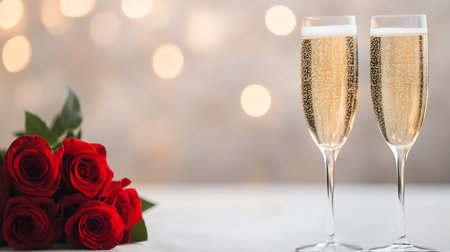 Two elegant champagne glasses filled with bubbly are placed beside a bouquet of red roses.の素材