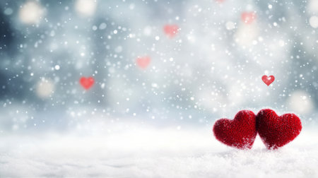 A couple strolls together along a snow covered path in a tranquil park during winter. Sunlight breaks through the trees, creating a serene atmosphere filled with floating hearts.の素材