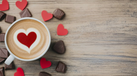A cup of creamy coffee is topped with a heart shaped design, surrounded by red and brown chocolate hearts on a wooden table. Ideal for a romantic celebration or cozy moment.の素材