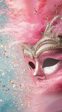 A detailed view of a shimmering pink mask decorated with feathers and sparkling glitter. This mask is ideal for festive celebrations, adding elegance and charm to any occasion.の素材