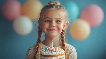 A young girl with long, light brown hair and striking blue eyes smiles softly. Colorful balloons decorate the background, suggesting a festive celebration.の素材