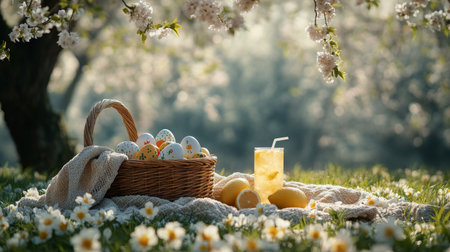 A woven basket filled with colorful Easter eggs sits on a blanket among blooming flowers. A refreshing drink garnished with lemon slices rests nearby, highlighting the joy of springtime gatherings.の素材