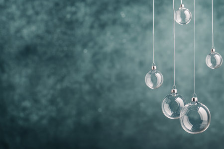 Clear glass bubbles dangle in mid air, reflecting light beautifully. A soft blue background enhances their elegance, creating a tranquil and serene atmosphere.の素材