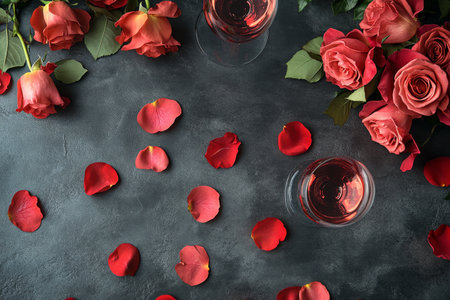 Three glasses of rose wine rest on a dark textured surface surrounded by vibrant pink roses and scattered rose petals.の素材
