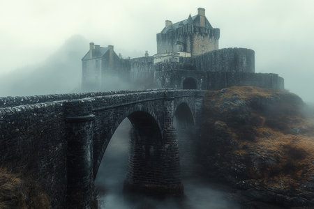 A stone bridge connects ancient fortress towers nestled on a rocky mountain. The scene is shrouded in mist, creating an atmosphere of serenity. Autumn foliage adds subtle color to the landscape.の素材