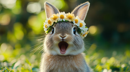 A playful rabbit with a flower crown sits in a lush green meadow. It appears surprised and lively, surrounded by sunlight and vibrant greenery, expressing joy and curiosity in a cheerful atmosphere.の素材