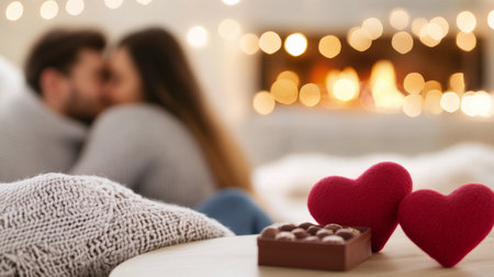 A couple shares a warm embrace in a cozy environment, surrounded by soft lights. A red heart decoration and a box of chocolates are placed on a table, adding to the romantic atmosphere.の素材