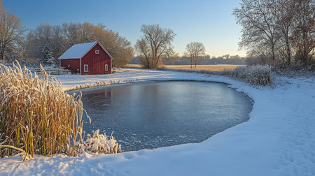 A clear, circular pool of water is bordered by pristine, untouched snow in a tranquil winter landscape. Bright sunlight reflects off the waters surface, creating a serene atmosphere.の素材