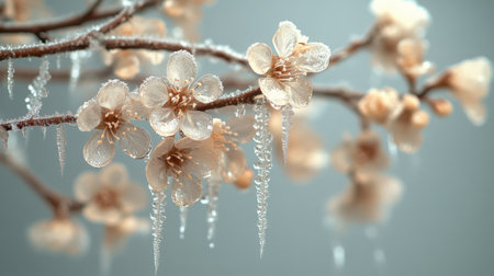 Delicate branches covered in white blossoms spread across a bright surface, evoking a tranquil winter feel. The clusters of flowers add texture and beauty to the minimalistic setup.の素材